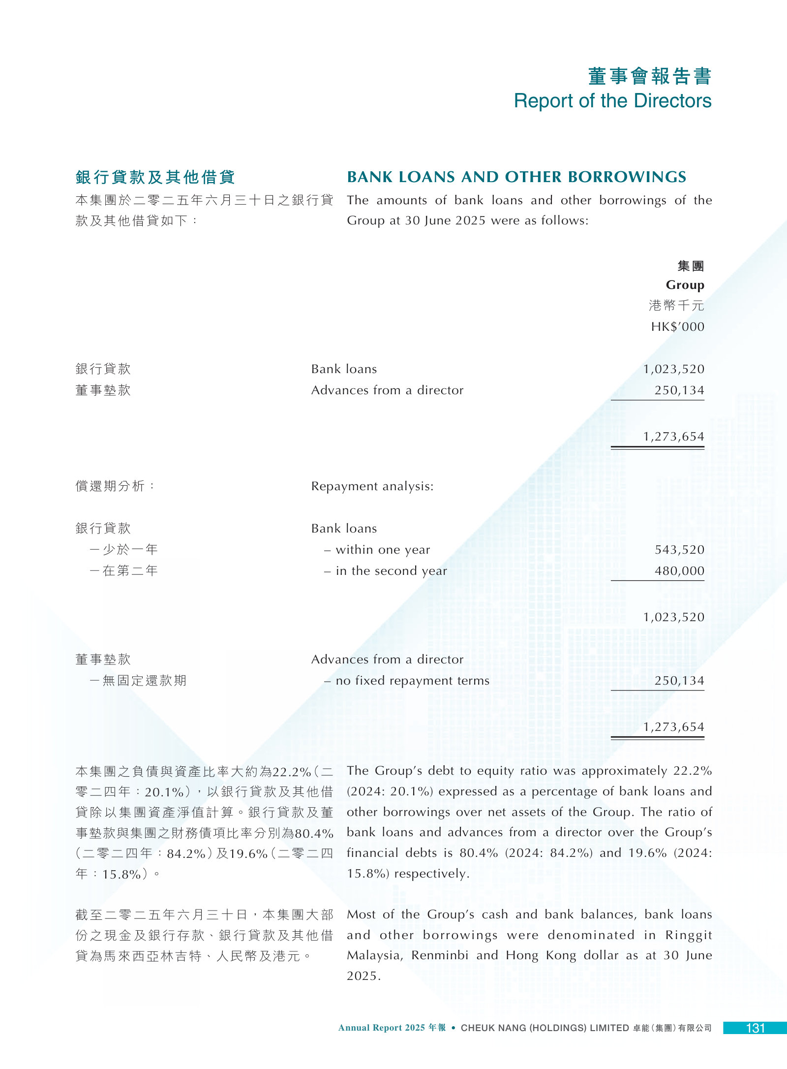 Borrowings table: HK$1,024m of bank loans plus HK$250m advanced by a director with no fixed repayment terms.
